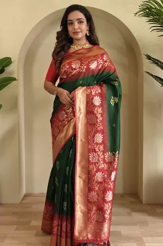 Green Silk Blend sarees with zari weaves contrast pallu & designer border