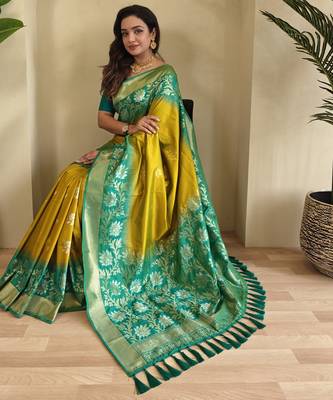 Yellow Silk Blend sarees with zari weaves contrast pallu & designer border 1