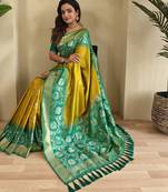 Yellow Silk Blend  sarees with zari weaves contrast pallu & designer border