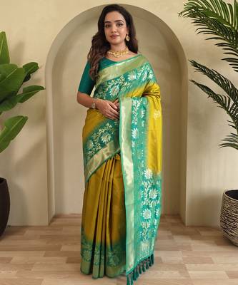 Yellow Silk Blend sarees with zari weaves contrast pallu & designer border 3