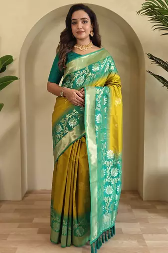 Yellow Silk Blend sarees with zari weaves contrast pallu & designer border