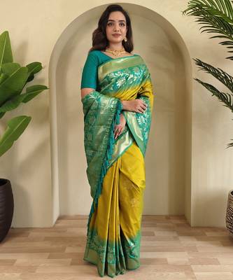 Yellow Silk Blend sarees with zari weaves contrast pallu & designer border 4