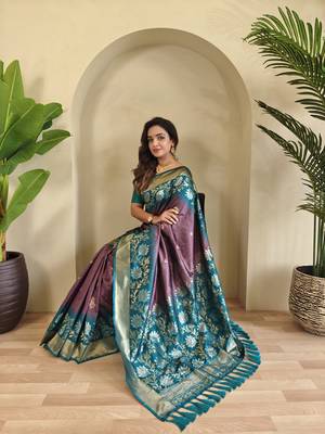 Onion pink Silk Blend sarees with zari weaves contrast pallu & designer border 1