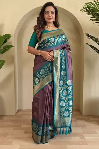Onion pink Silk Blend sarees with zari weaves contrast pallu & designer border