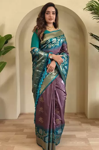Onion pink Silk Blend sarees with zari weaves contrast pallu & designer border
