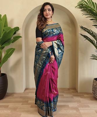 Pink Silk Blend sarees with zari weaves contrast pallu & designer border 3