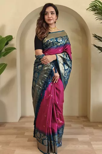 Pink Silk Blend sarees with zari weaves contrast pallu & designer border