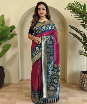 Pink Silk Blend sarees with zari weaves contrast pallu & designer border 4