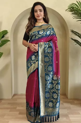 Pink Silk Blend sarees with zari weaves contrast pallu & designer border