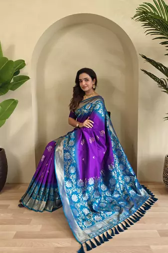 Purple Silk Blend  sarees with zari weaves contrast pallu & designer border