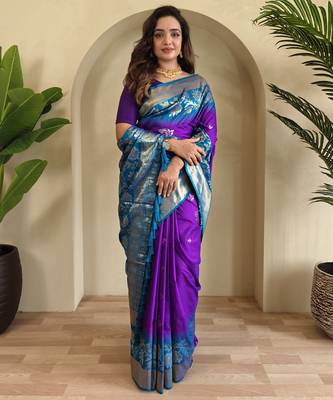 Purple Silk Blend sarees with zari weaves contrast pallu & designer border 3