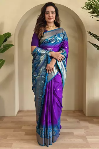 Purple Silk Blend sarees with zari weaves contrast pallu & designer border