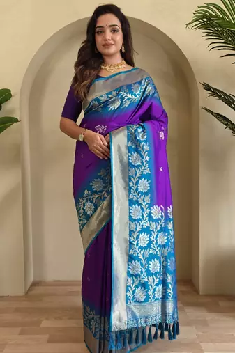 Purple Silk Blend sarees with zari weaves contrast pallu & designer border