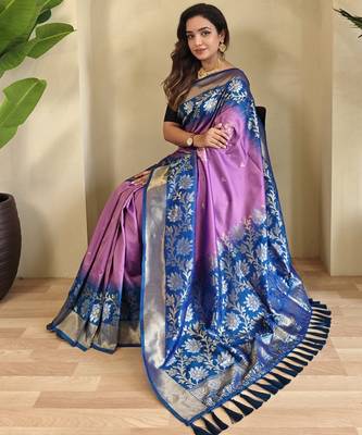 Lavender Silk Blend sarees with zari weaves contrast pallu & designer border 1