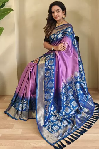 Lavender Silk Blend  sarees with zari weaves contrast pallu & designer border
