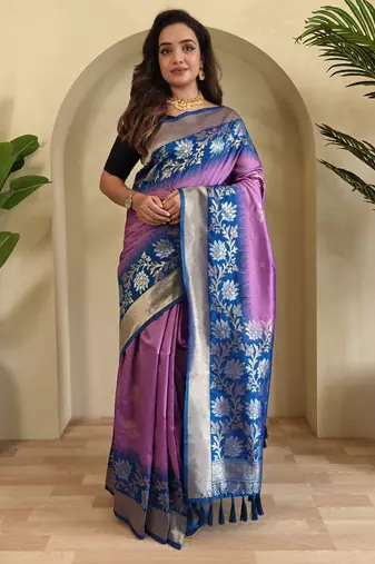 Lavender Silk Blend sarees with zari weaves contrast pallu & designer border
