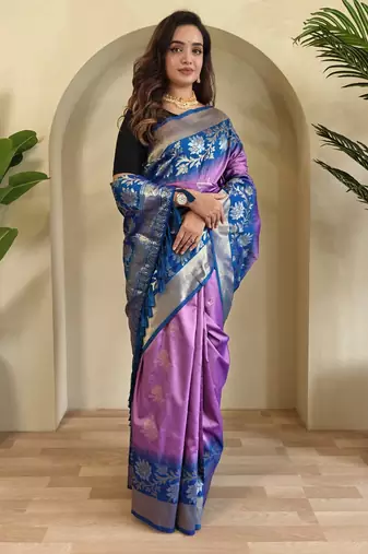 Lavender Silk Blend sarees with zari weaves contrast pallu & designer border