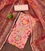 Peach floral printed organza salwar suit material with embroidered neckline