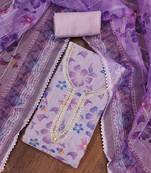 Lavender floral printed organza salwar suit material with embroidered neckline