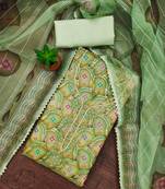  parrot green organza embroidered salwar suit material with floral print dupatta