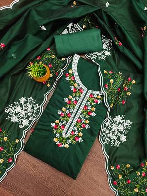 Green floral embroidered chanderi cotton salwar suit material 1