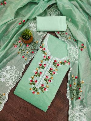 Light green floral embroidered chanderi cotton salwar suit material 1
