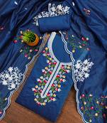 Royal blue floral embroidered chanderi cotton salwar suit material