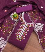 Wine floral embroidered chanderi cotton salwar suit material