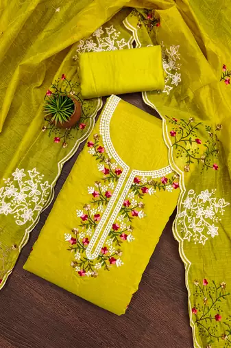 Yellow floral embroidered chanderi cotton salwar suit material