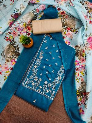 Graceful Royal Blue cotton salwar suit material with floral embroidery & chanderi dupatta 1