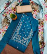 Graceful Royal Blue cotton salwar suit material with floral embroidery & chanderi dupatta