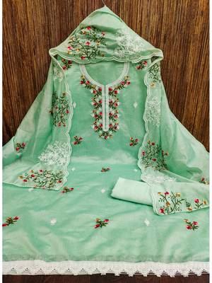 Light green floral embroidered chanderi cotton salwar suit material 2