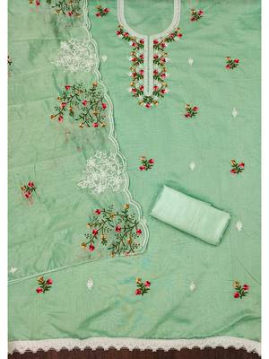Light green floral embroidered chanderi cotton salwar suit material 3