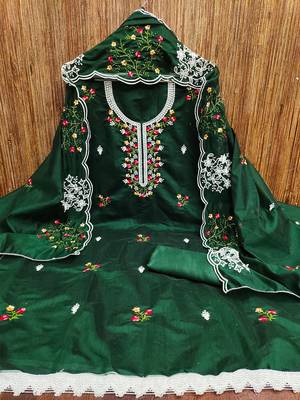 Green floral embroidered chanderi cotton salwar suit material 2