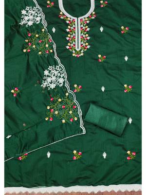 Green floral embroidered chanderi cotton salwar suit material 3