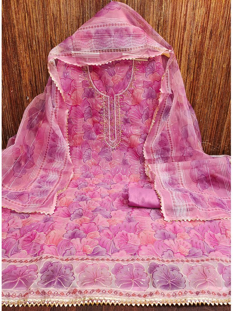 Pink purple floral embroidered organza salwar suit material