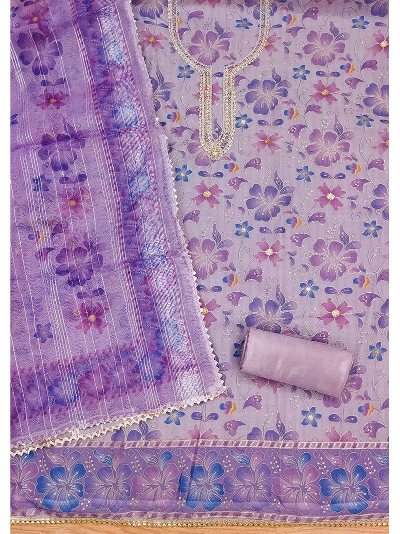Lavender floral printed organza salwar suit material with embroidered neckline