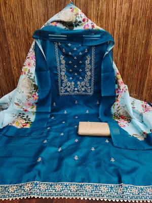 Graceful Royal Blue cotton salwar suit material with floral embroidery & chanderi dupatta 2