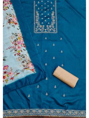 Graceful Royal Blue cotton salwar suit material with floral embroidery & chanderi dupatta 3