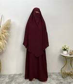 Premium Matching A Line Abaya and Single Layer Khimar :: Maroon Color :: Firdous Crepe