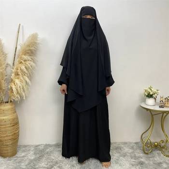 Premium Matching A Line Abaya and Single Layer Khimar :: Black Color :: Firdous Crepe 1
