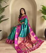 Sea green dual tone silk sarees with zari weaves contrast pallu & designer border