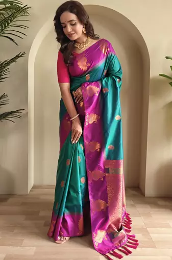 Sea green dual tone silk sarees with zari weaves contrast pallu & designer border