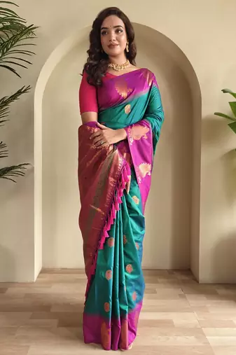 Sea green dual tone silk sarees with zari weaves contrast pallu & designer border