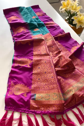Sea green dual tone silk sarees with zari weaves contrast pallu & designer border