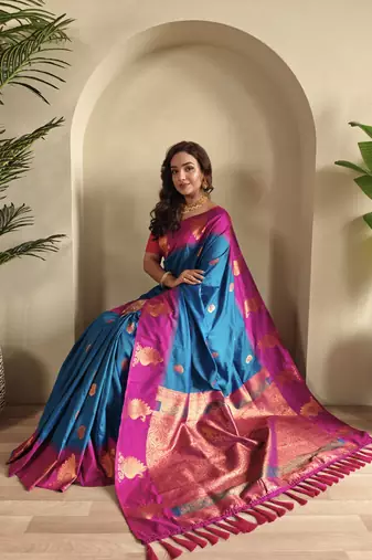 Teal dual tone silk sarees with zari weaves contrast pallu & designer border