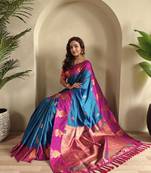 Teal dual tone silk sarees with zari weaves contrast pallu & designer border
