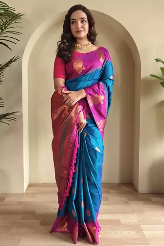 Teal dual tone silk sarees with zari weaves contrast pallu & designer border