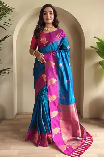 Teal dual tone silk sarees with zari weaves contrast pallu & designer border