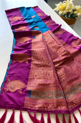 Teal dual tone silk sarees with zari weaves contrast pallu & designer border